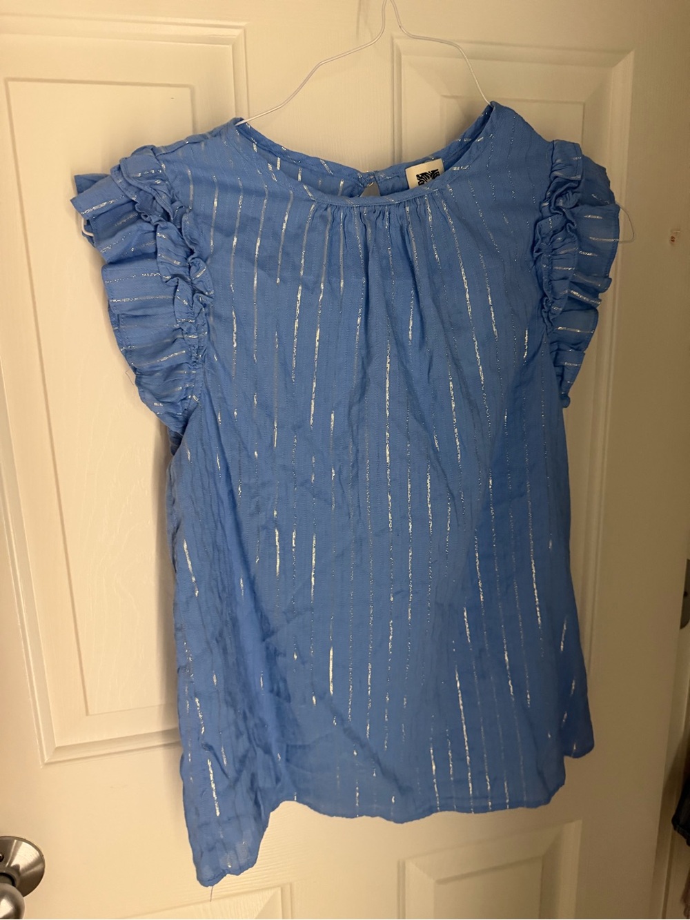 Anne Klein Blue Ruffle Sleeve Blouse with Silver Stripes